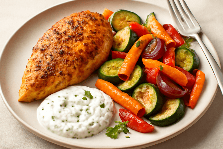 Grillad kycklingfilé med rostade grönsaker och örtig yoghurt