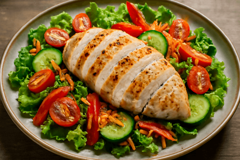 Pollo a la parrilla con ensalada de vegetales frescos