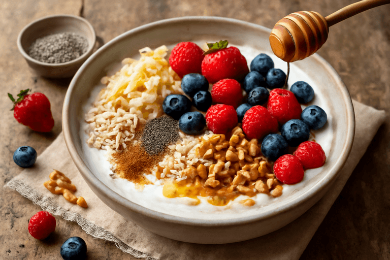 Herzhafter Frühstücksquark mit Beeren und Haferflocken
