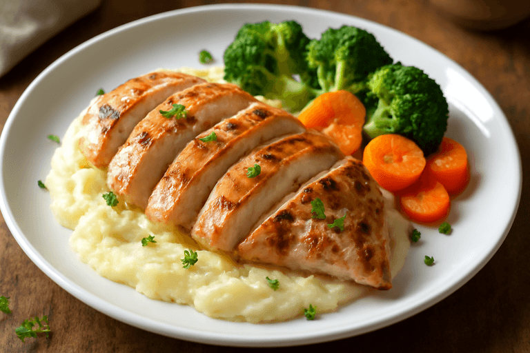 Куриное филе с кремовым картофельным пюрe и овощами на пару