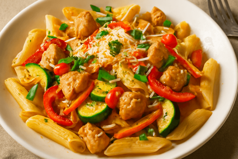 Сытная куриная паста с овощами и пармезаном