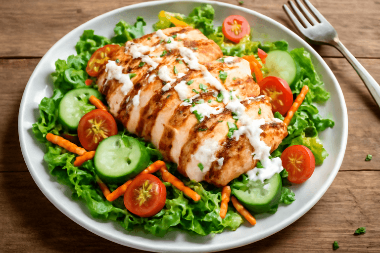 Pollo a la plancha con ensalada fresca y aderezo de yogur