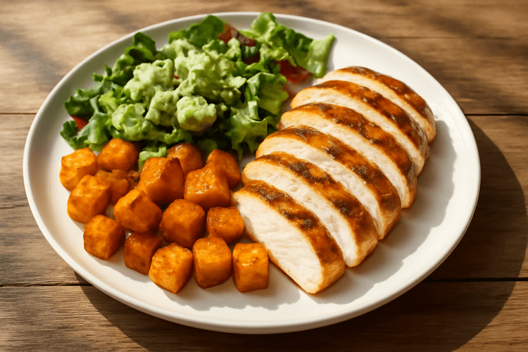 Piept de pui la grătar cu cartofi dulci și salată de avocado