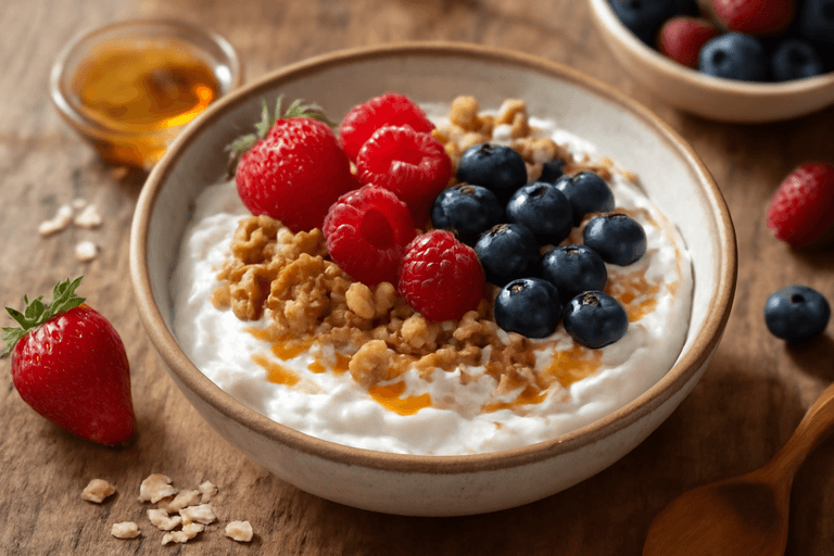 Proteinreicher Frühstücks-Quark mit Haferflocken & Beeren