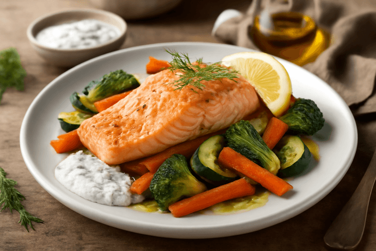 Ugnsbakad lax med rostade grönsaker & örtsås