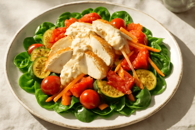 Klassisk kycklingsallad med rostade grönsaker & lätt yoghurtdressing