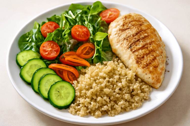 Pollo a la plancha con ensalada fresca y quinoa