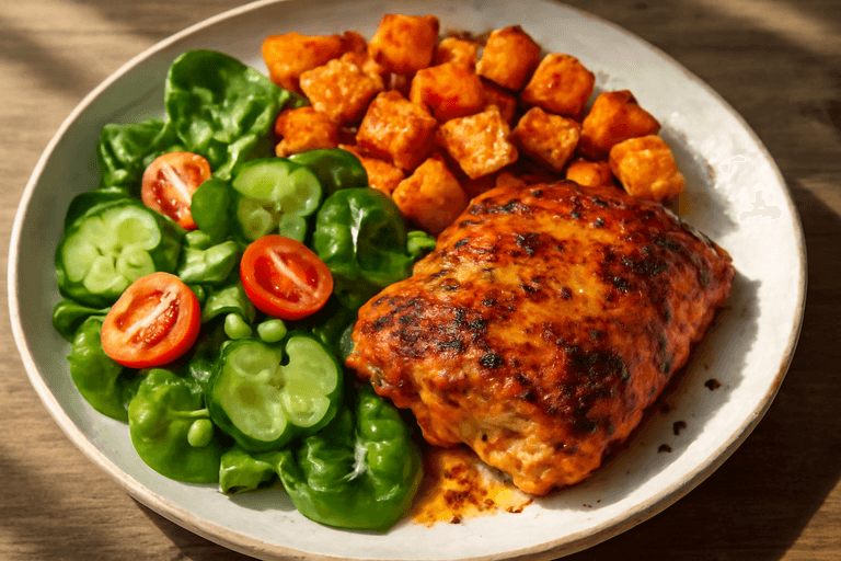 Gegrilde Kippendij met Geroosterde Zoete Aardappel & Spinaziesalade