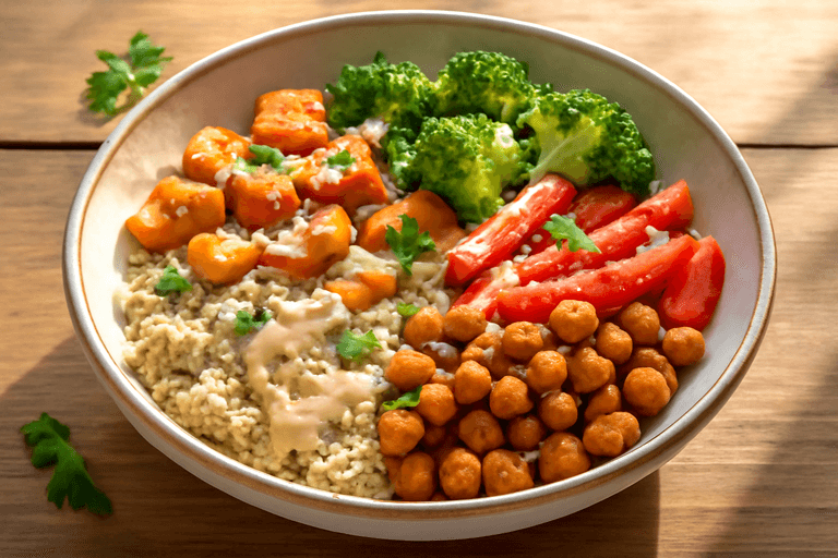 Veganer Quinoa-Bowl mit geröstetem Gemüse & Tahini-Dressing