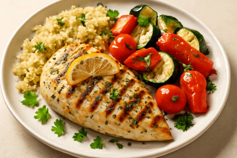 Gegrilltes Hähnchenfilet mit mediterranem Gemüse und Quinoa