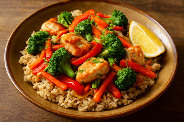 Hähnchen-Gemüsepfanne mit Vollkornreis