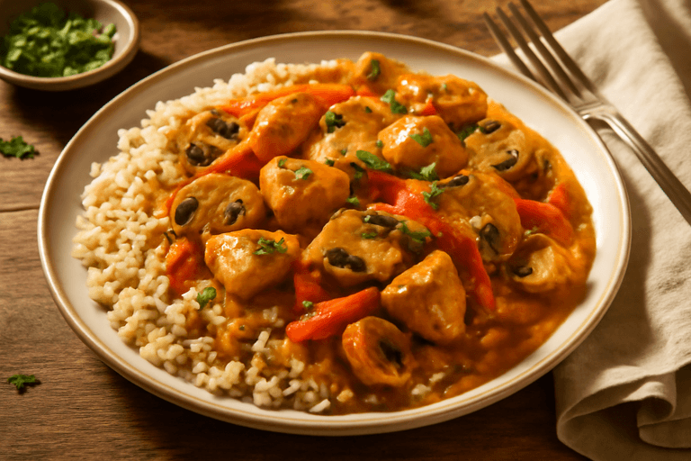 Stroganoff Kip met Volkorenrijst