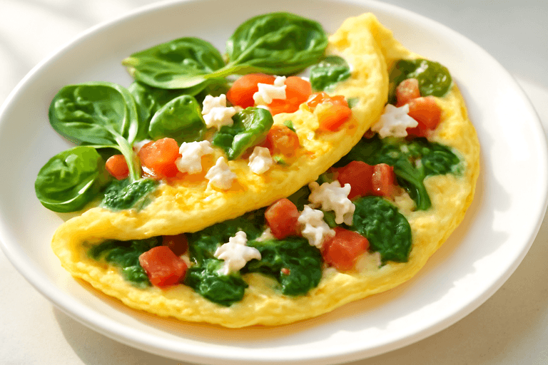 Desayuno Energizante de Omelette Clásico con Espinaca y Tomate