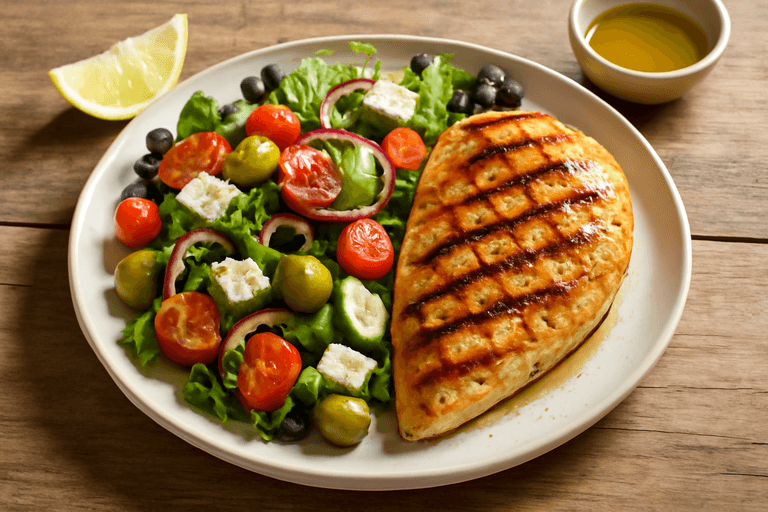 Pollo a la plancha con ensalada fresca mediterránea