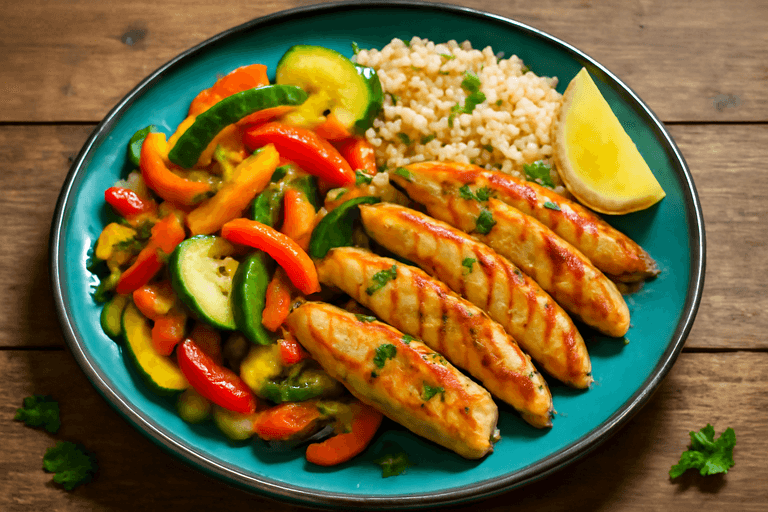 Gegrilde kipfilet met kleurrijke groenten en volkorenrijst