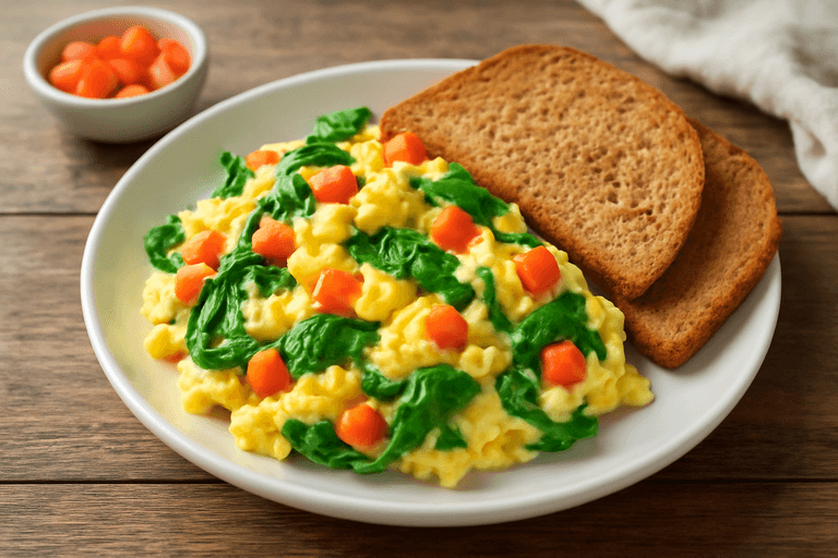 Leichtes Frühstücks-Rührei mit Tomaten und Spinat