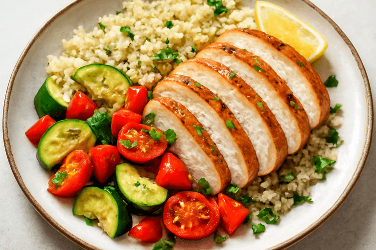 Hähnchenbrustfilet mit mediterranem Gemüse und Quinoa