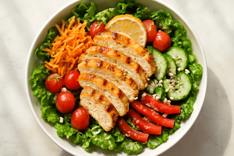 Salade de poulet grillé, légumes croquants & vinaigrette légère citronnée