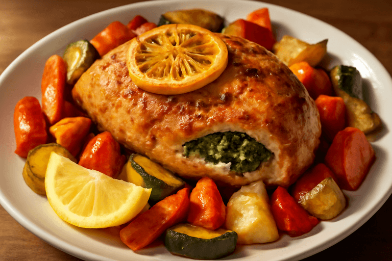 Citron- och örtfylld kycklingfilé med rostade grönsaker