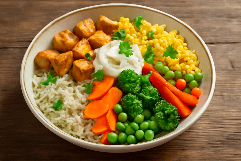 Bol energizant de orez cu pui și legume crocante