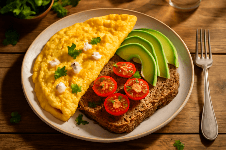 Omletă bogată în calorii cu brânză, avocado și pâine integrală