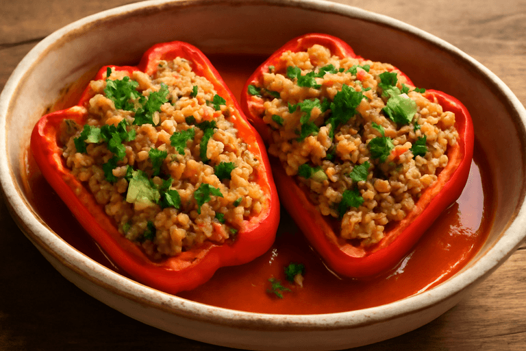 Gefüllte Paprikaschoten mit Putenhack und mediterranem Gemüse