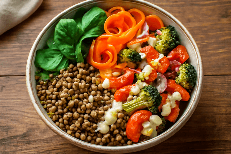 Veganer Linsen-Gemüse-Bowl mit Zitronen-Tahini-Dressing