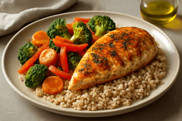 Pui la grătar cu legume colorate și orez brun