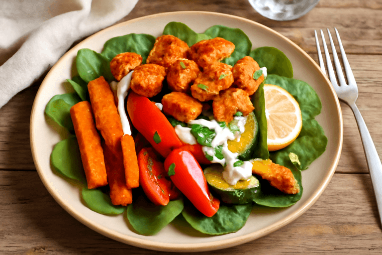 Kleurrijke Groenteschotel met Kip en Lichte Yoghurtdressing