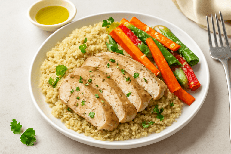 Pui la cuptor cu legume colorate și quinoa