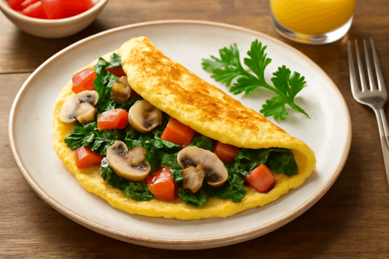 Omelette clásico alto en proteínas con espinacas y champiñones