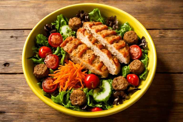 Salată de pui cu legume proaspete și crutoane integrale