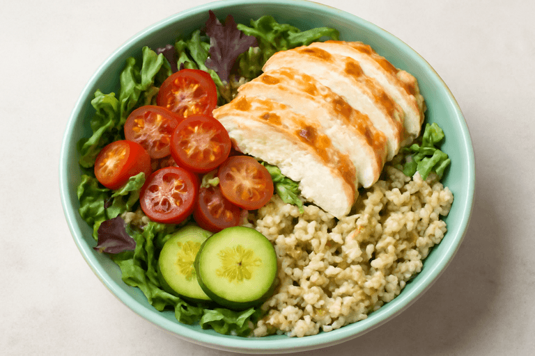 Куриный салат с киноа и свежими овощами