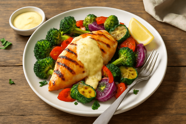 Куриная грудка с овощами на гриле и лимонным соусом