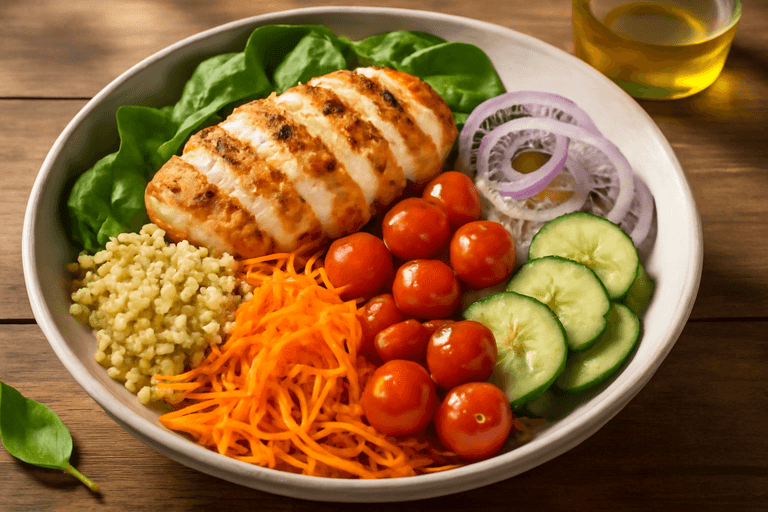 Ensalada de Pollo a la Parrilla con Quinoa y Verduras Frescas