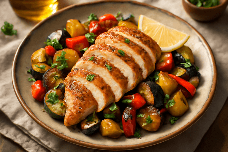 Poulet grillé méditerranéen avec légumes rôtis