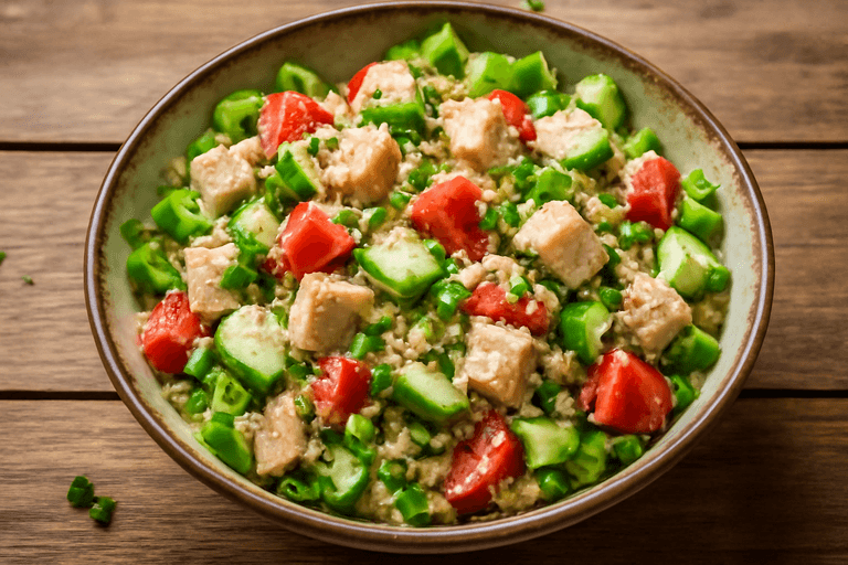 Легкий куриный салат с киноа и свежими овощами