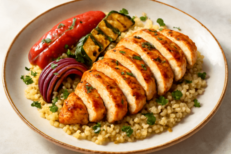 Grillowany kurczak z warzywami i kaszą bulgur