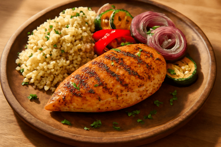 Grillowana pierś z kurczaka z warzywami i kaszą bulgur
