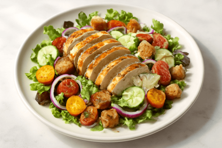 Leichter mediterraner Hähnchen-Salat mit Vollkorncroutons