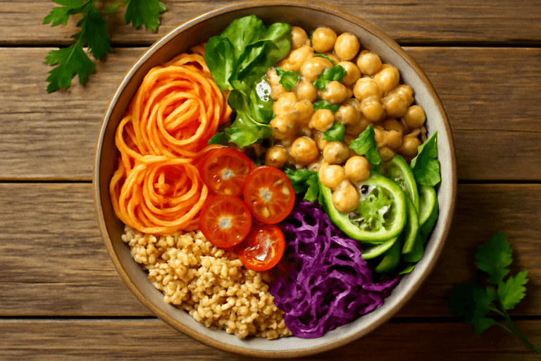 Veganer Quinoa-Gemüse-Bowl mit Zitronen-Tahin-Dressing