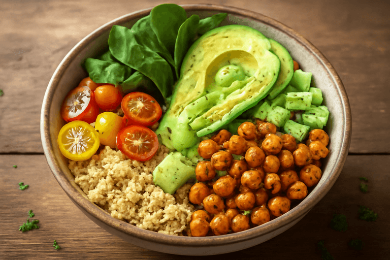 Veganer bunter Quinoa-Bowl mit knusprigen Kichererbsen