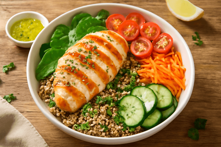 Klassisk kycklingsallad med quinoa & färska grönsaker