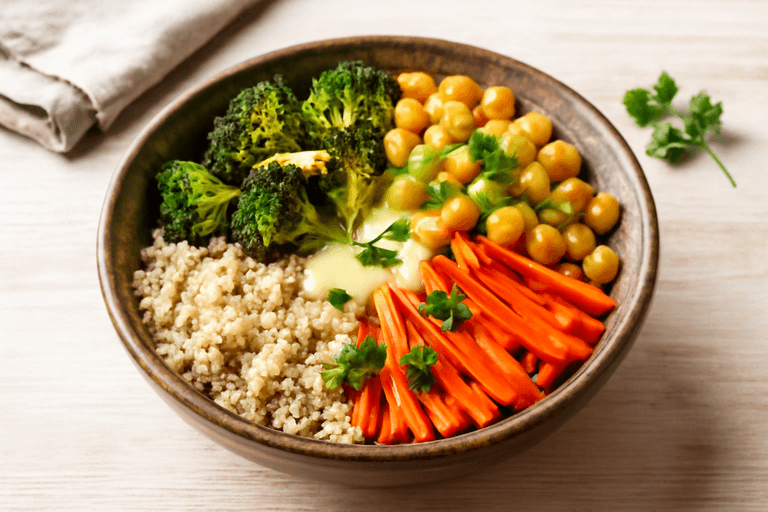 Proteinreiche Kichererbsen-Bowl mit geröstetem Gemüse