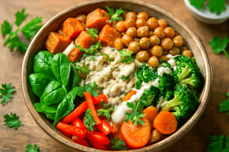 Vegane Quinoa-Gemüse-Bowl mit Tahini-Dressing