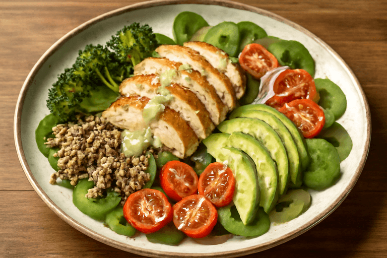 Kycklingsallad med rostade grönsaker och basilikadressing