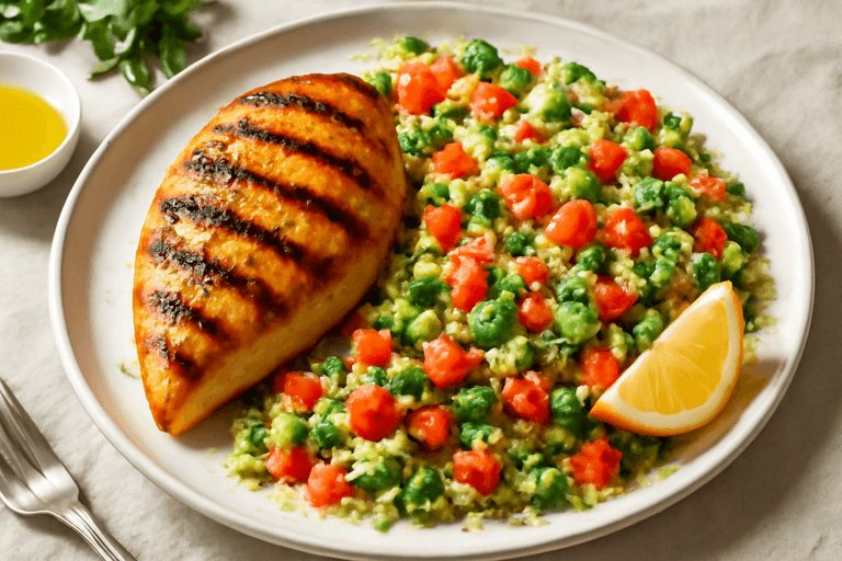 Piept de pui la grătar cu salată de quinoa și legume proaspete