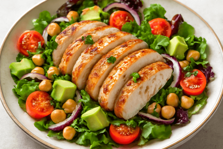 Gegrillter Hähnchen-Salat mit Avocado und Kichererbsen