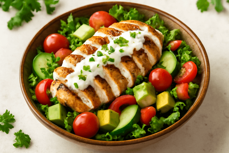 Salată de pui la grătar cu legume proaspete și dressing de iaurt