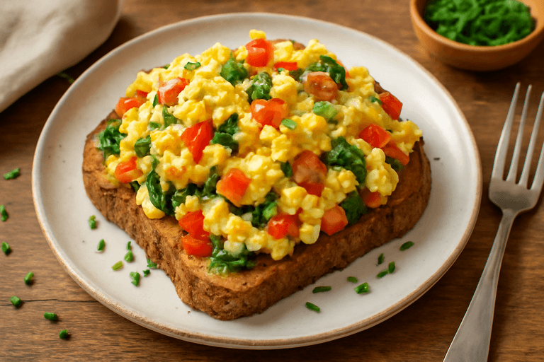 Proteinowa Jajecznica z Warzywami na Pełnoziarnistym Tostcie